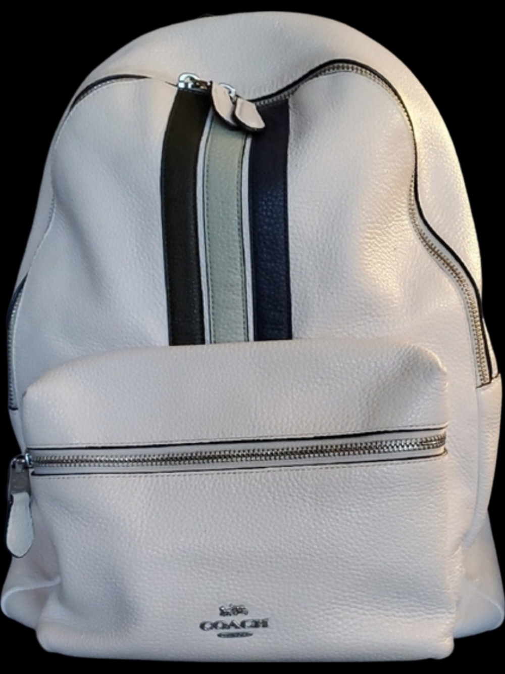 White Leather Backpack with Black, Navy, and Mint Green Stripes